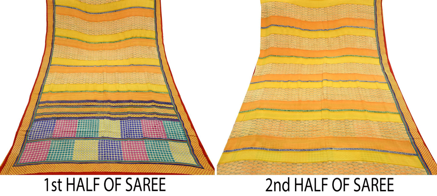 Indian Vintage Sari Multi & Saffron Pure Crepe Silk Printed Saree 6yard Sewing Floral Craft Fabric Wrap Dress Making Crafting Quilting