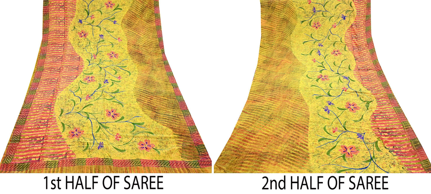 Indian Vintage Saree Yellow Pure Crepe Silk Printed Sari Fabric 5yd Sewing Floral Soft Craft Fabric Wrap Dress making Quilting Upcycle