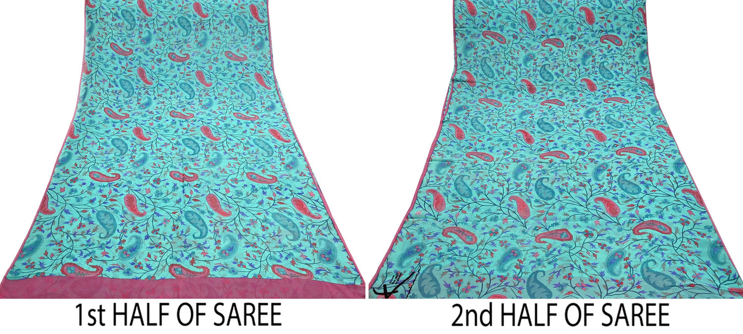 Vintage Green Georgette Silk Saree: Floral Print Fabric, 5.8 Yard