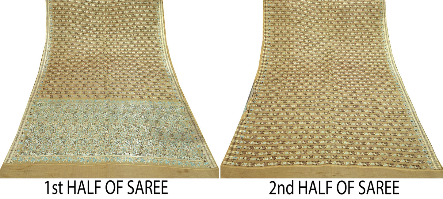 Vintage Banarasi Saree Pure Satin Silk Woven Brocade Zari Fabric Beige Maroon Heavy Craft Sari 5 Yards Indian Antique Textile Dress Making