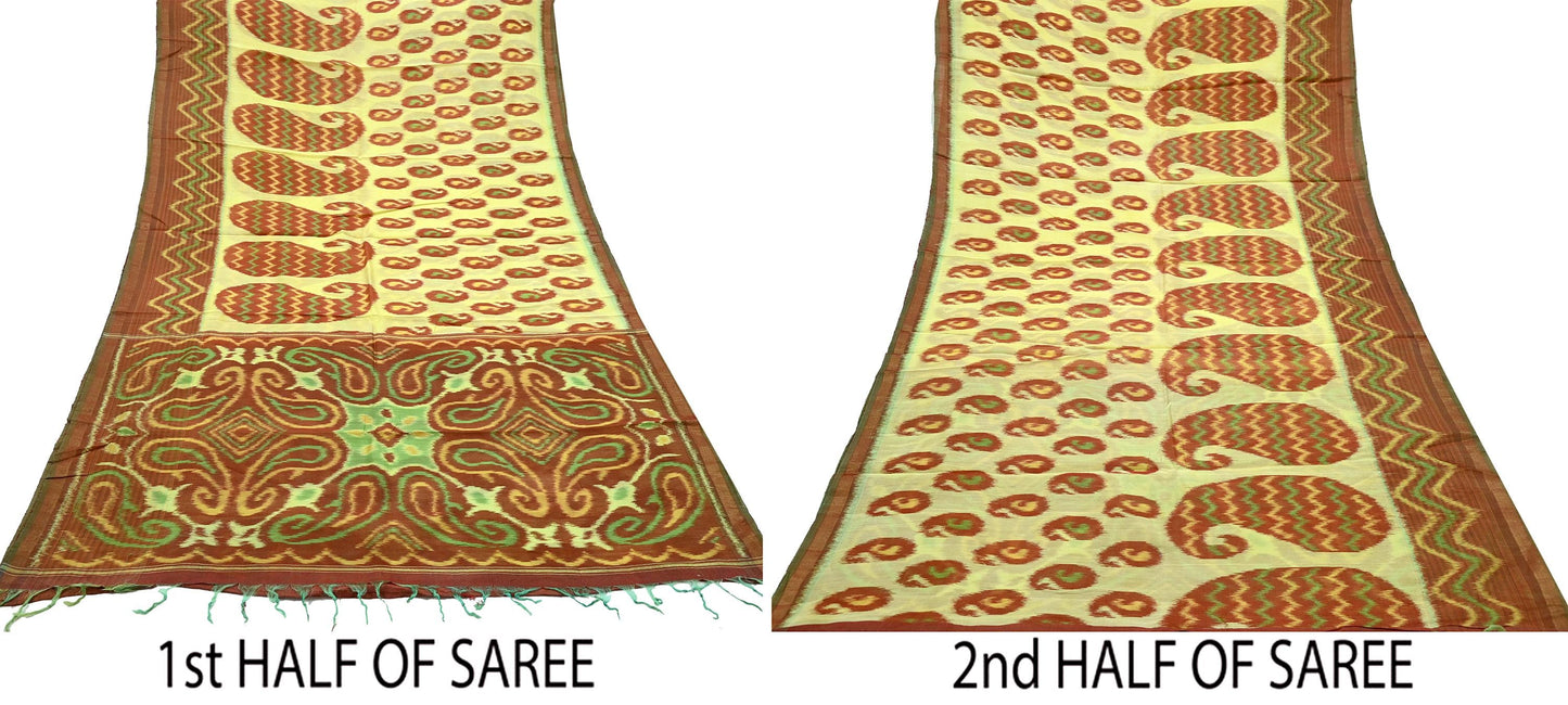 Indian Vintage Ivory & Brown Saree Pure Silk Pochampally Hand Woven Ikat Sari Craft Fabric 5Yd Ethnic Zari Border Dress making Fringes