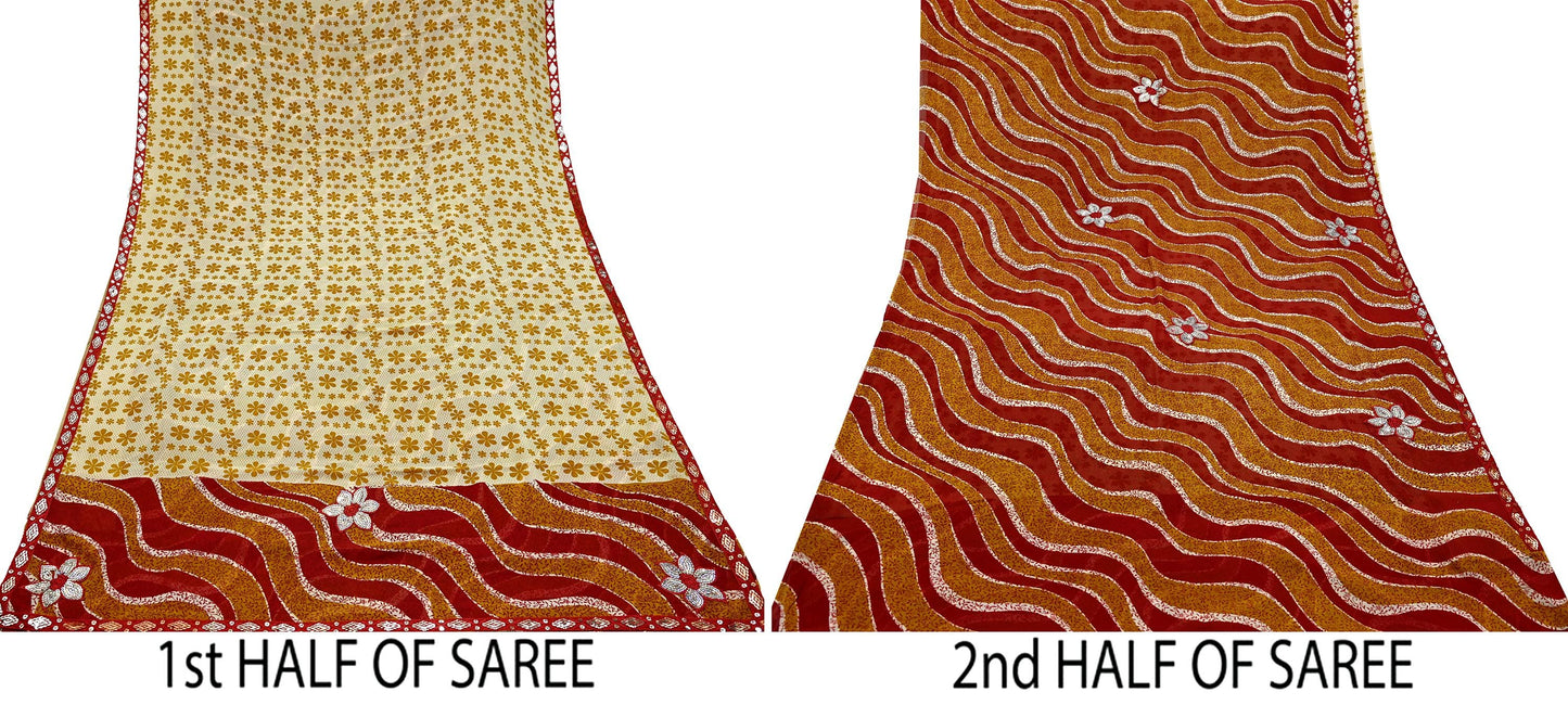 Indian Vintage Saree Pure Georgette Silk Embroidered Sari Craft Fabric 5Yd Ethnic Soft Dress making Crafting Quilting