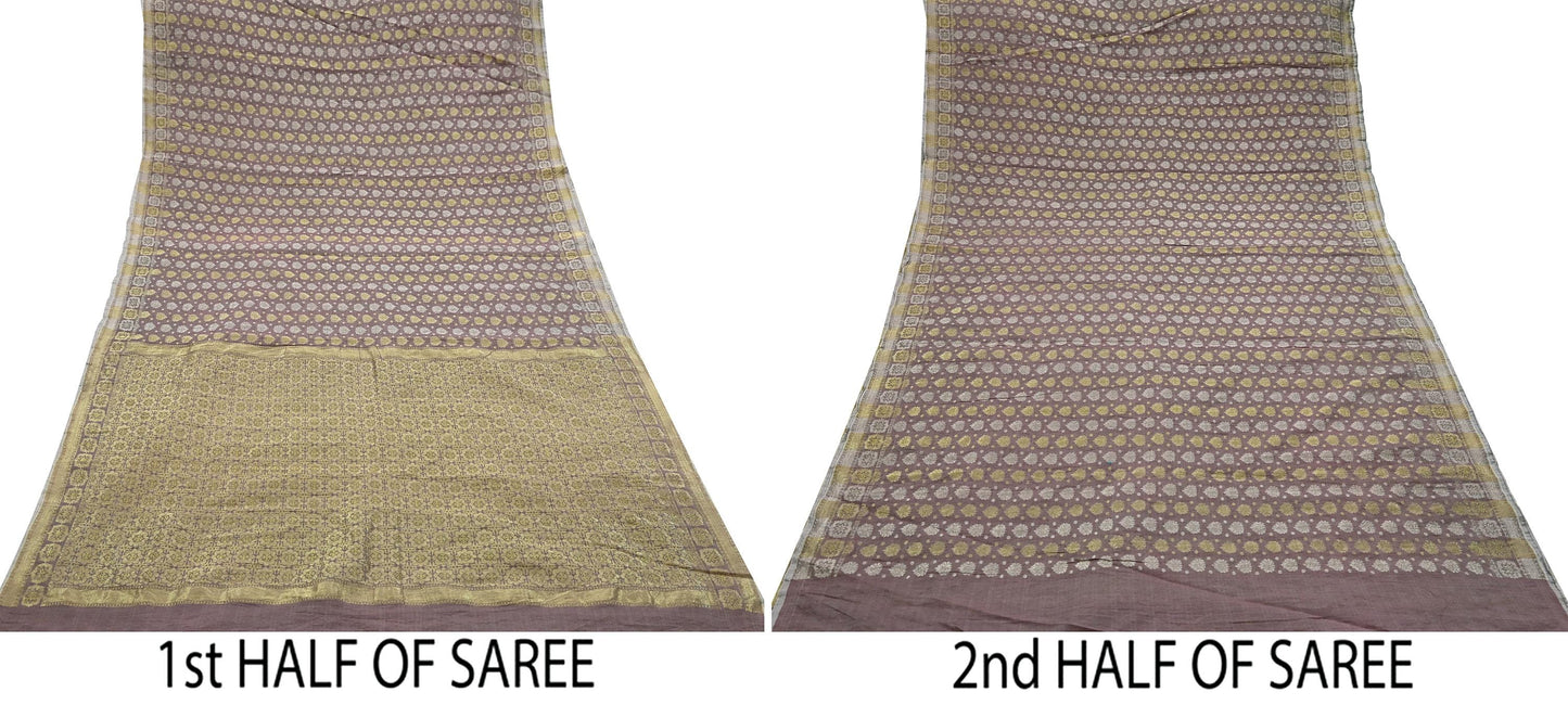 Indian Vintage Sari Brown Pure Cotton Hand Woven Sarees Craft Fabric 5yd Ethnic Crafting Quilting Dress Making Quilting Upcycle
