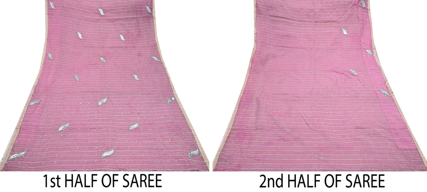 Indian Vintage Sari Pink Pure Cotton Hand Embroidered Sarees 5yd Ethnic Soft Floral Design Dress making Crafting Zari Dressmaking Crafting