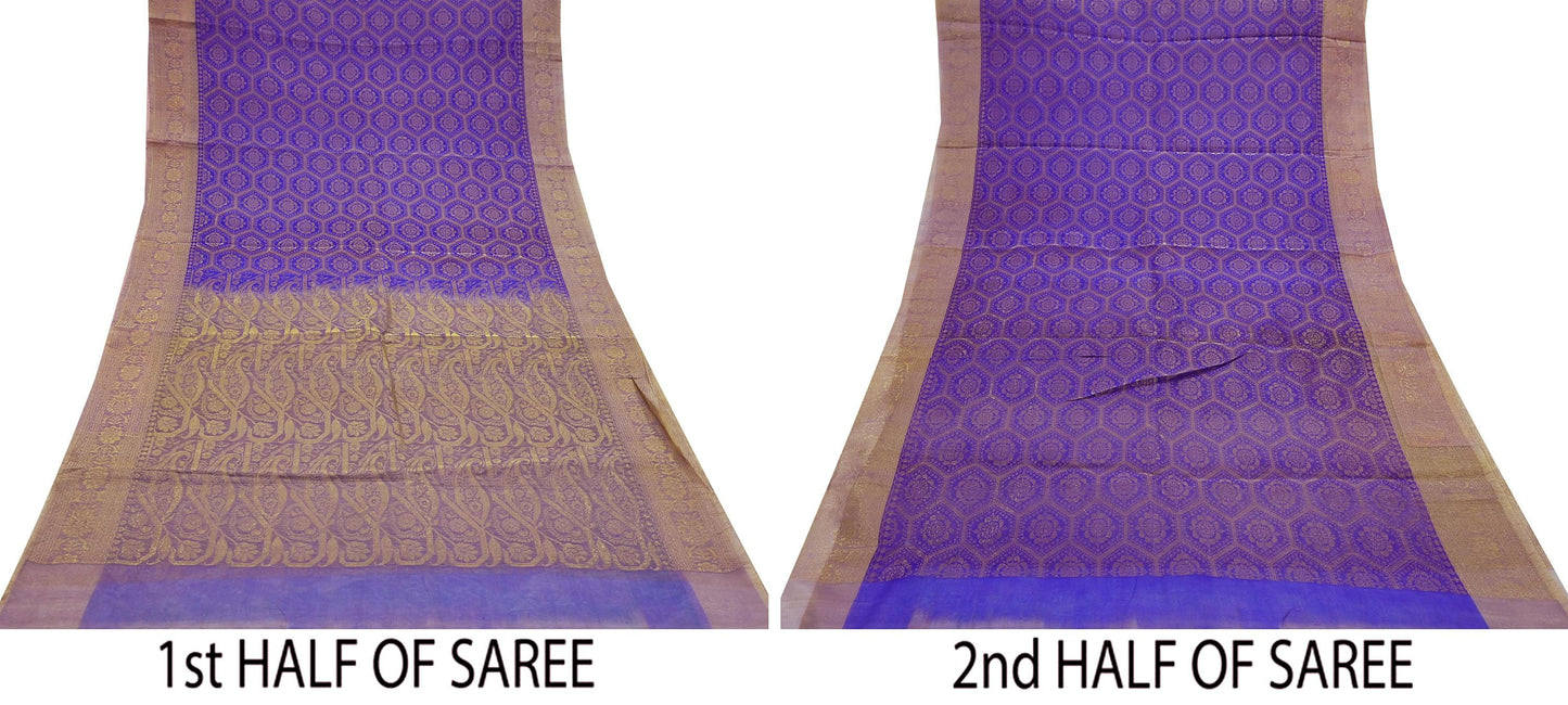 Indian Vintage Sari Pure Organza Silk Hand Woven Sarees 5Yd Zari Border Ethnic Craft Fabric Bollywood Sarees Quilting Crafting Upcycle