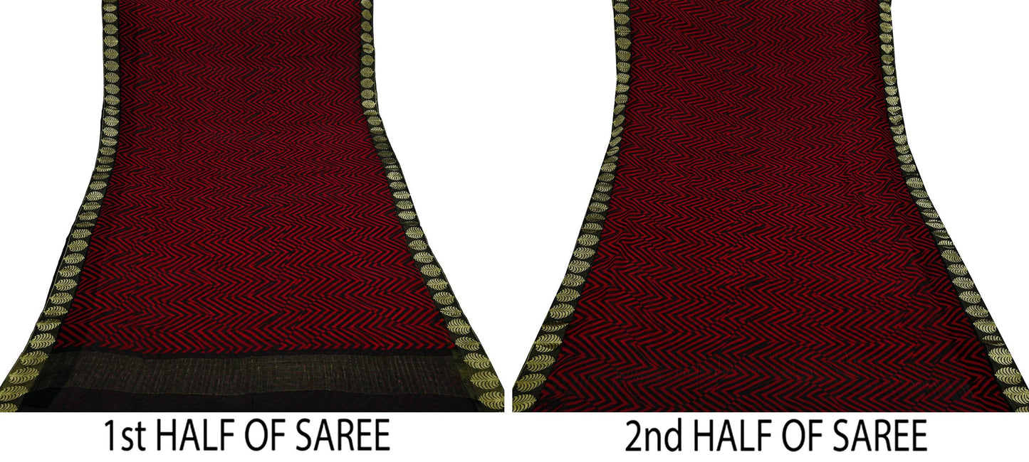 Women Vintage Sari Red & Black Pure Chiffon Silk Printed Saree Craft Fabric Sewing 5Yard Soft Light Dress Making Floral Zari