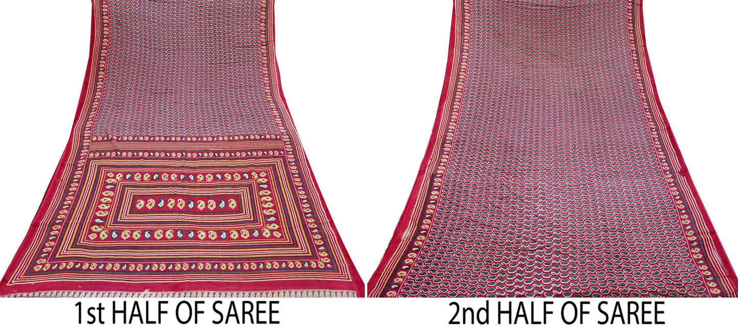 Indian Vintage Sari Pink & Gray Printed 100% Pure Cotton Saree Craft Fabric 5Yd Sewing Sarong Wrap Boho Dress Making Crafting Quilting