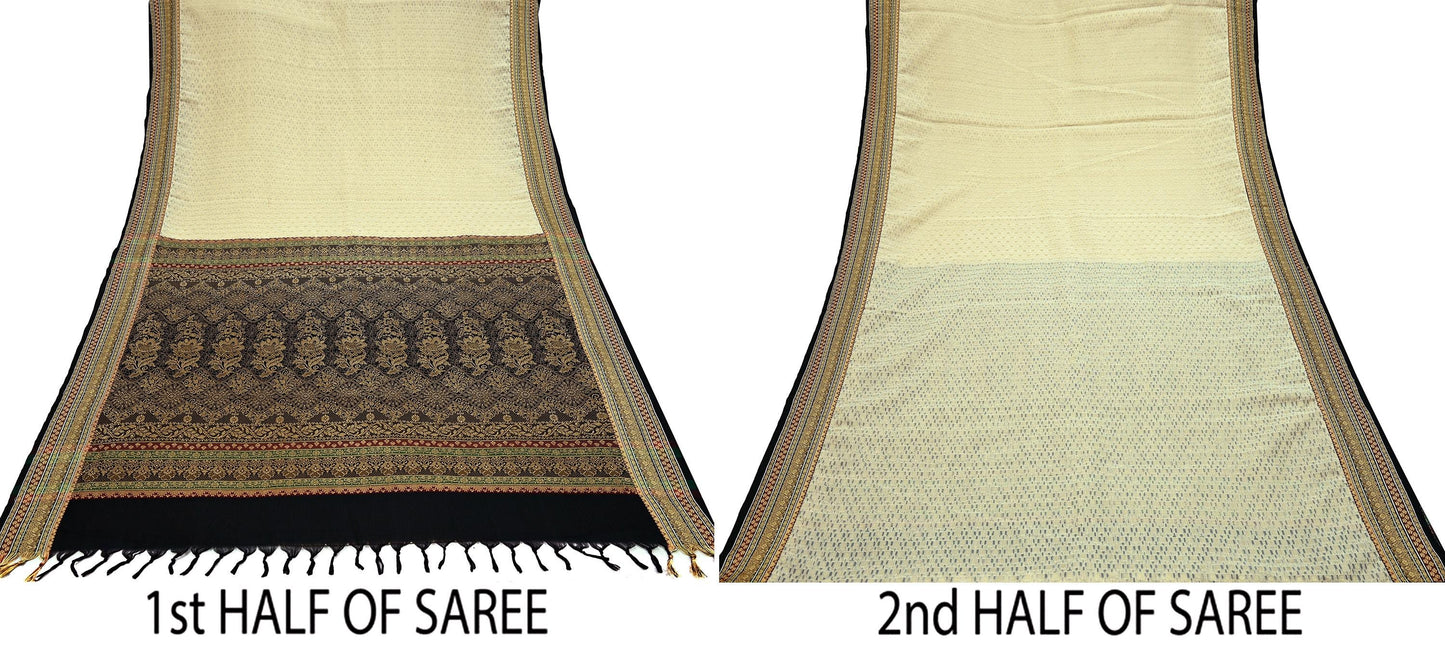 Indian Vintage Beige & Black Saree Artificial Silk Hand woven Sari Craft Fabric 5Yd Sewing Stripes Dress making Crafting Quilting Fringes