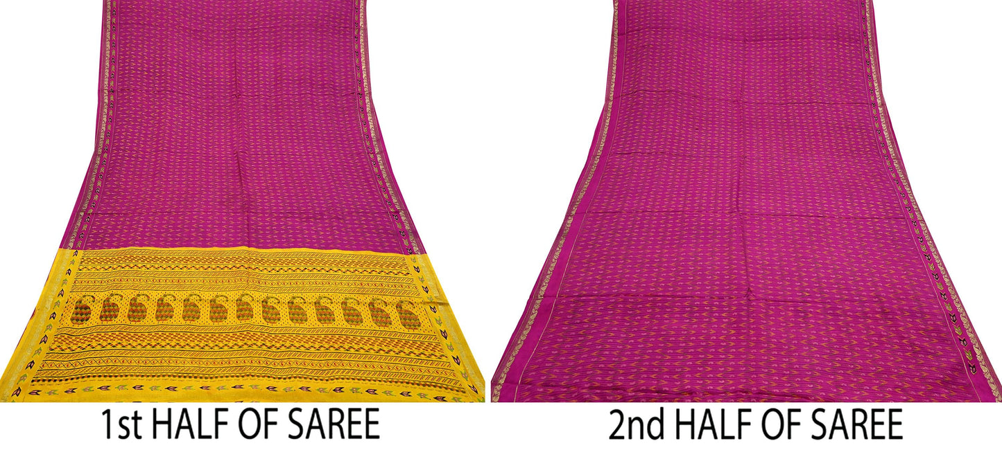 Indian Vintage Sari Purple & Yellow Printed Pure Silk Sarees 6yd Sewing Craft Fabric Floral Dress Making Soft Quilting Crafting Upcycle Used