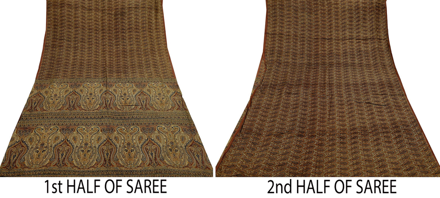 Indian Vintage Sari Brown & Beige 100% Pure Silk Printed Saree 6yd Sewing Craft Fabric DressMaking Wrap Abstract For Crafting Quilting