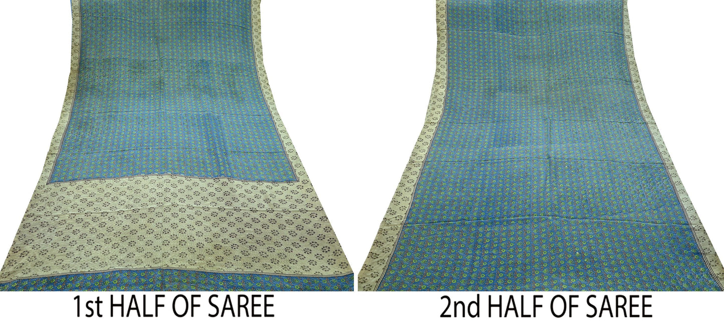 Indian Vintage Sari Ivory & Blue Pure Crepe Silk Printed Sarees 5yard Sewing Floral Soft Craft Fabric Wrap