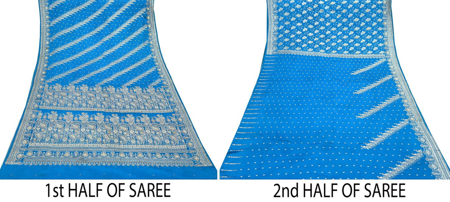 Indian Vintage Blue Heavy Wedding Saree Pure Satin Silk Hand Embroidered Banarsi Brocade Indian Sari Zari/Zardozi/Dabka 5Yd