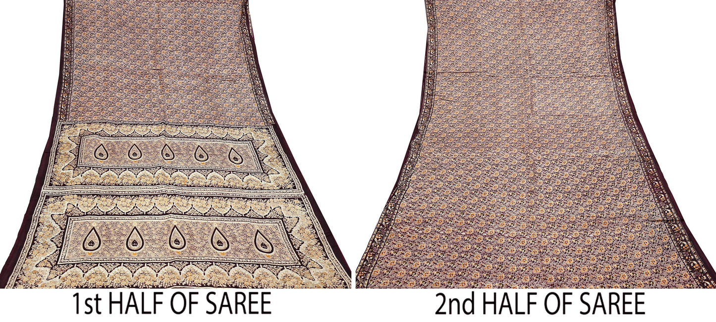 Indian Vintage Sari Brown 100% Pure Silk Printed Saree 5yard Sewing Craft Fabric DressMaking Wrap Floral Crafting Quilting