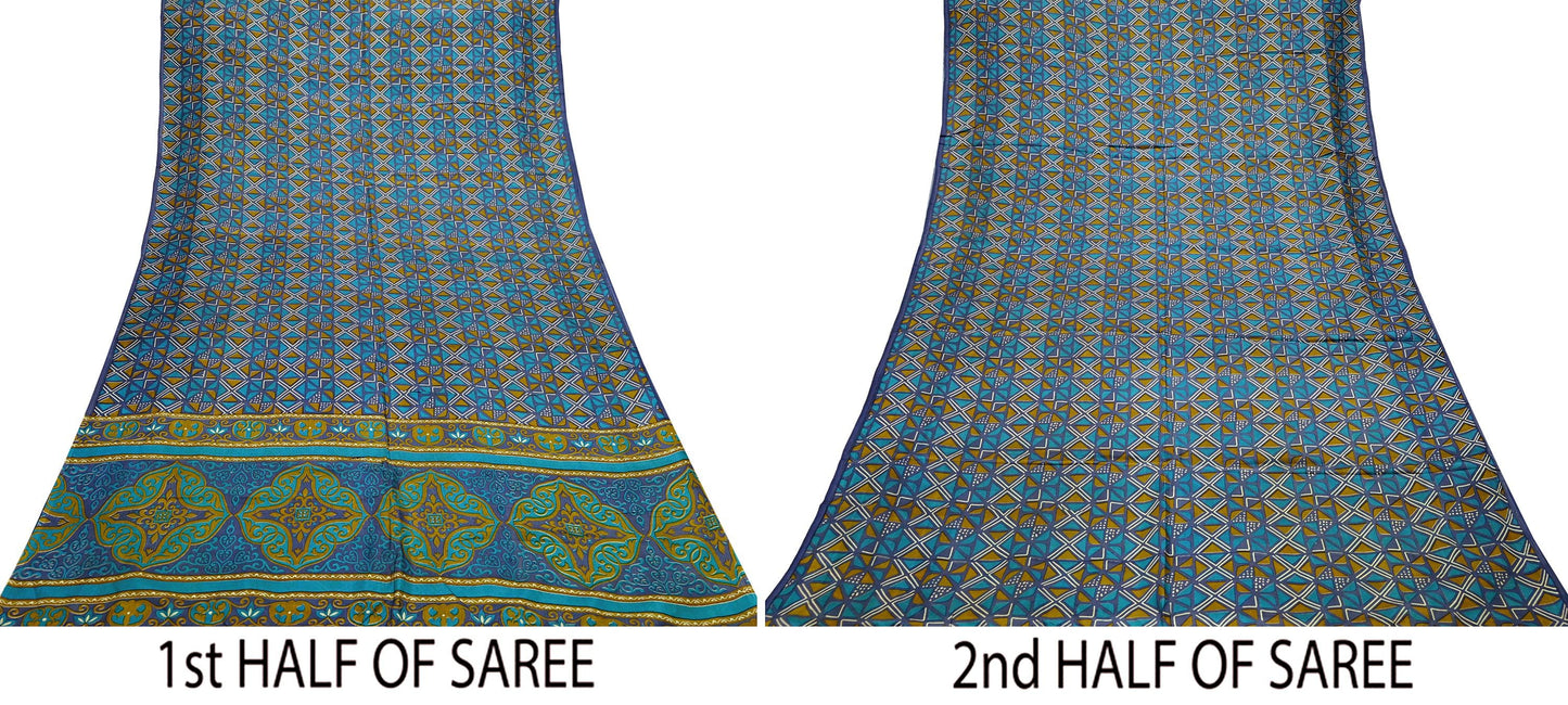 Indian Vintage Sari Green & Gray Pure Silk Printed Sarees Craft Fabric 5yd Sewing Dress Making Floral Crafting Quilting Upcycle Used