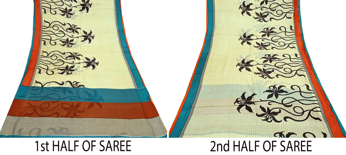 Indian Vintage Sari Ivory & Black Printed Pure Silk Sarees 5yd Sewing Craft Fabric DressMaking Soft Wrap Upcycle Quilting Crafting Used