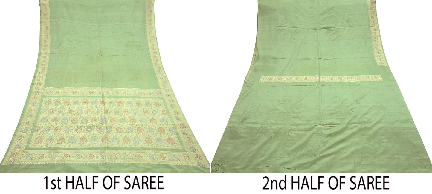 Indian Vintage Sari Green 100% Pure Silk Hand Woven Sarees Craft Fabric 5Yd Ethnic Sewing Dress making Crafting Quilting Upcycle Zari