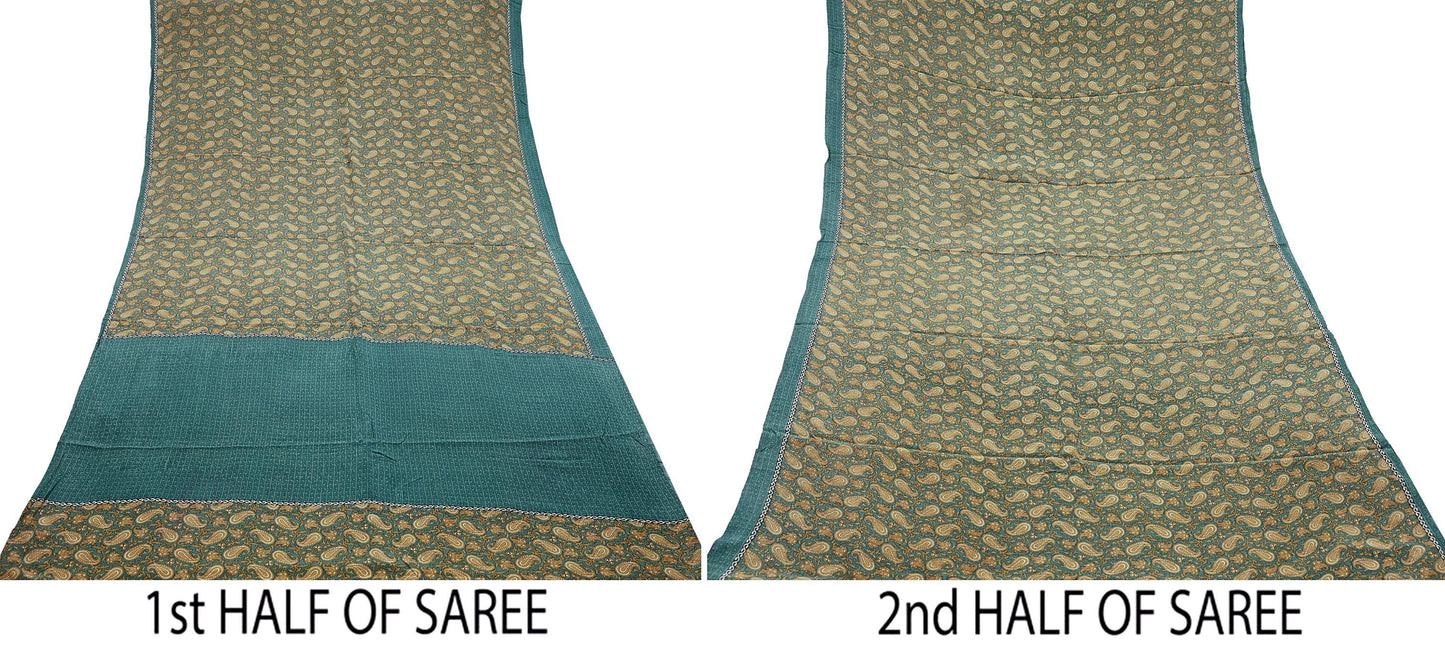 Indian Vintage Sari Green & Beige Pure Crepe Silk Printed Sarees 5yd Sewing Soft Craft Fabric Wrap Upcycle Quilting Crafting Dress making