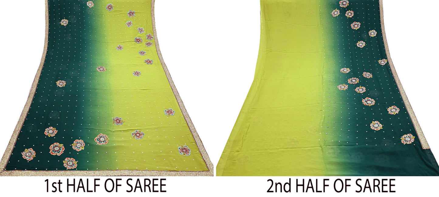 Indian Vintage Heavy Sarees Green & Lemon Pure Georgette Silk Hand Embroidered Sari Fabric 5Yd Sewing Ethnic Zardozi/zari with blouse fabric