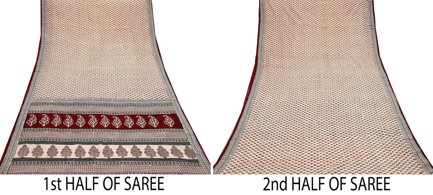 Indian Vintage Sari Beige Block Printed Pure Cotton Saree Craft Fabric 5Yd Sewing Sarong Wrap Boho Floral Crafting Upcycle Quilting