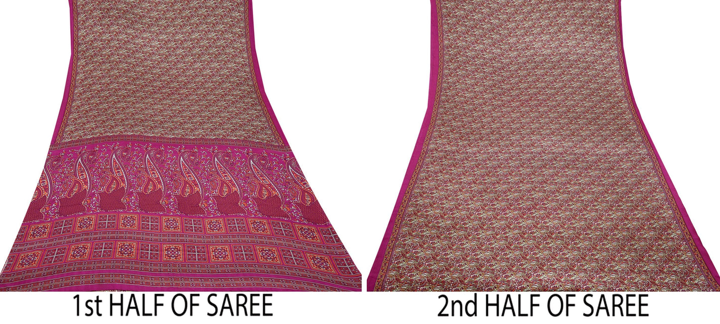 Indian Vintage Purple & Ivory Moss Crepe Saree Printed Floral Sari Fabric 6 Yards Soft Craft Fabric Sewing, Dressmaking, Quilting,Upcycling