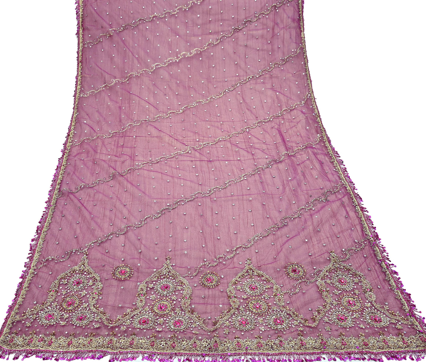 Indian Vintage Heavy Purple Dupatta Net Mesh Long Stole Hand Embroidered Scarves Zardozi/ Zari Tassels Stole Bridal/Wedding Wear