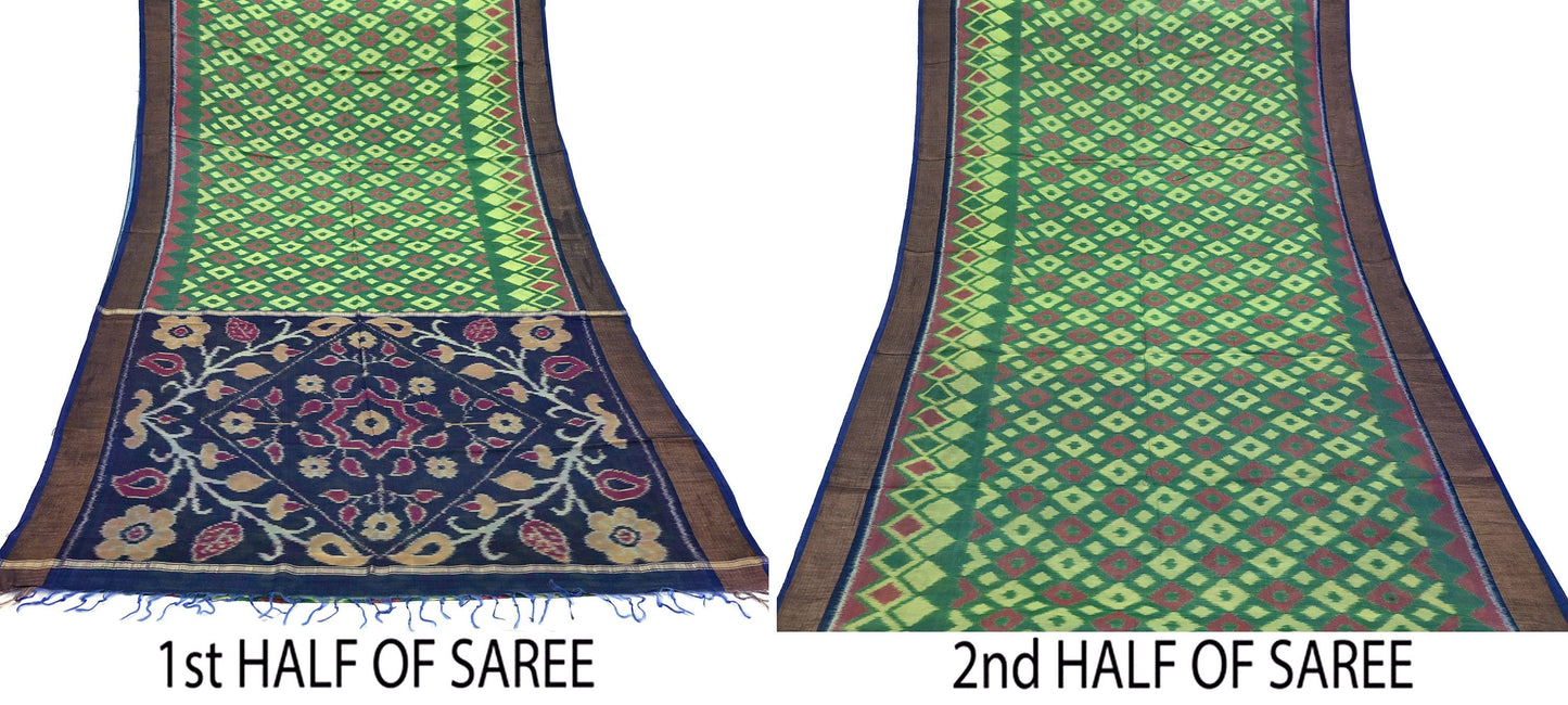 Indian Vintage Green & Yellow Saree Pure Silk Pochampally Hand Woven Ikat Sari Craft Fabric 5Yd Ethnic Zari Border Dress making Fringes