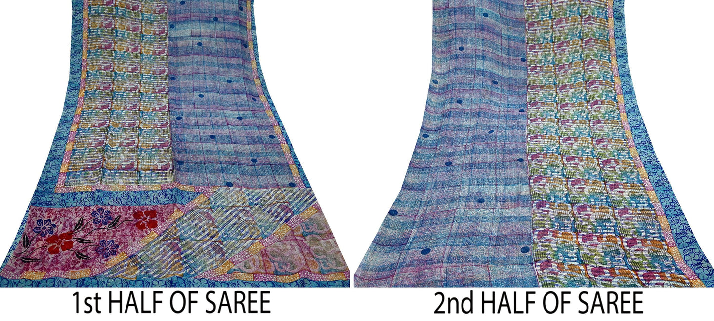 Women Vintage Sari Multi Pure Georgette Silk Printed Saree Craft Fabric Sewing 5Yard Soft Light Dress Making Floral Dress making Crafting