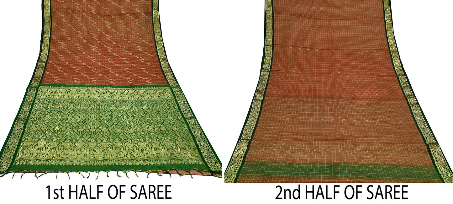 Indian Vintage Heavy Kanjivaram Saree 100% Pure Silk Sari Metallic Zari 5Yd Floral Crafting Dress making Ethnic Peacock Fringes