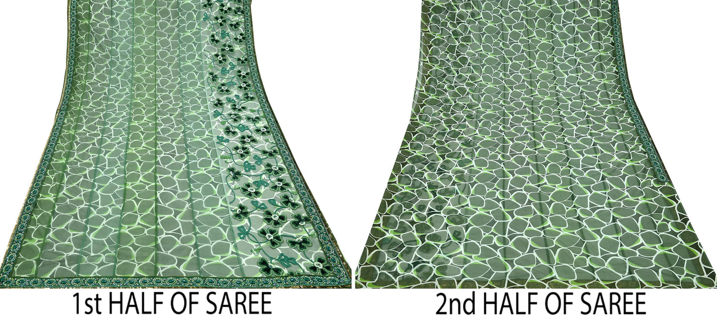 Indian Vintage Heavy Sari Green Net/Mesh Hand Embroidered Sarees Craft Fabric 5Yd Sewing Soft Zardozi Wedding sarees