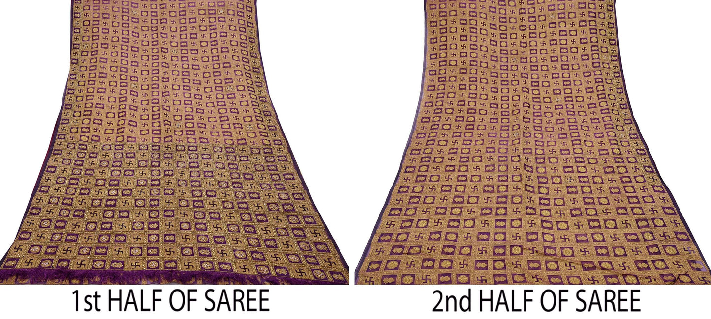 Indian Vintage Sari Purple Hand Embroidered Saree Pure Organza Silk Craft Fabric 5Yd Ethnic Dress Making Crafting Quilting