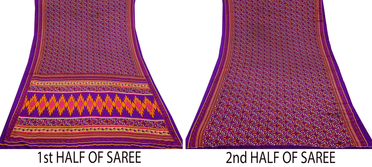 Indian Vintage Purple Moss Crepe Saree Printed Floral Sari Fabric 6 Yards Soft Craft Fabric for Sewing, Dressmaking, Quilting,Upcycling