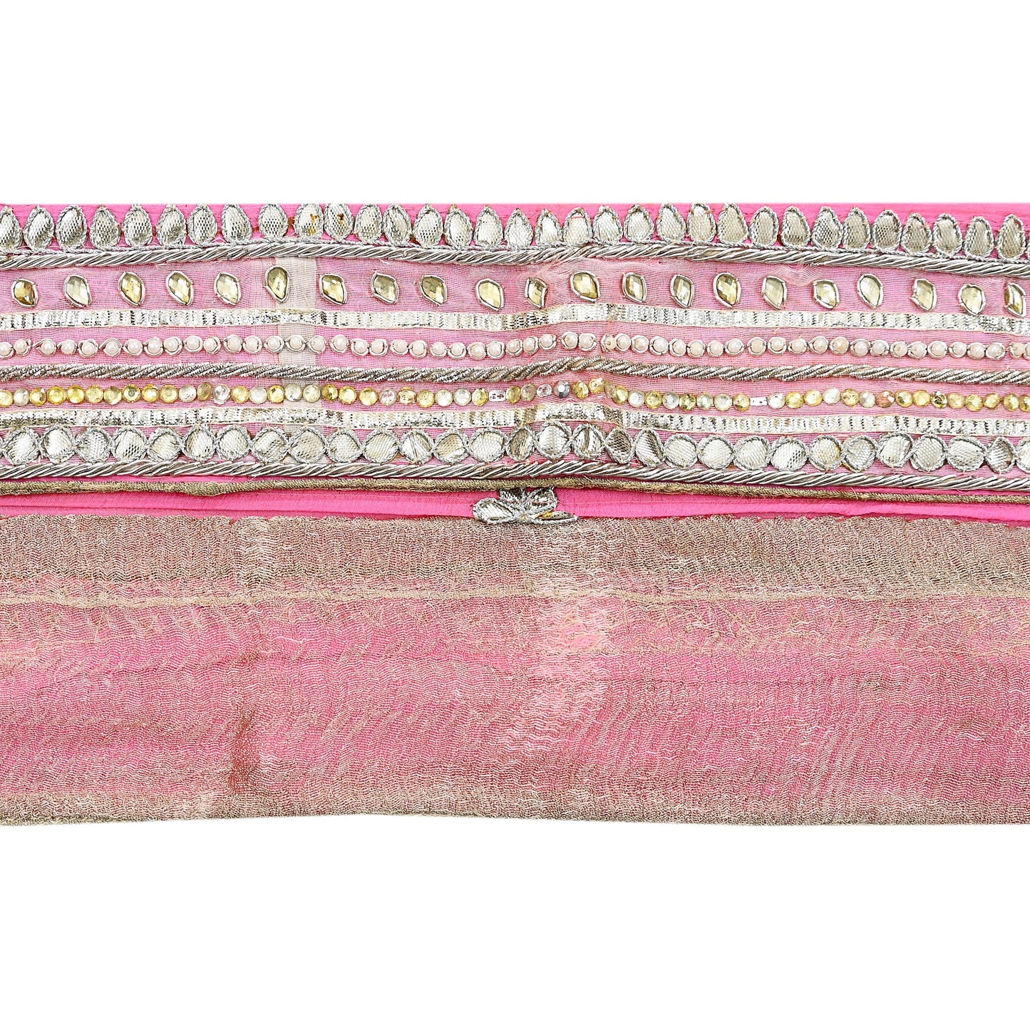 Indian Vintage Pink Sari Border Hand Embroidered Gota Patti Craft Trim Lace Sewing Sari Ribbon Pure silk Zardozi/Dabka Zari