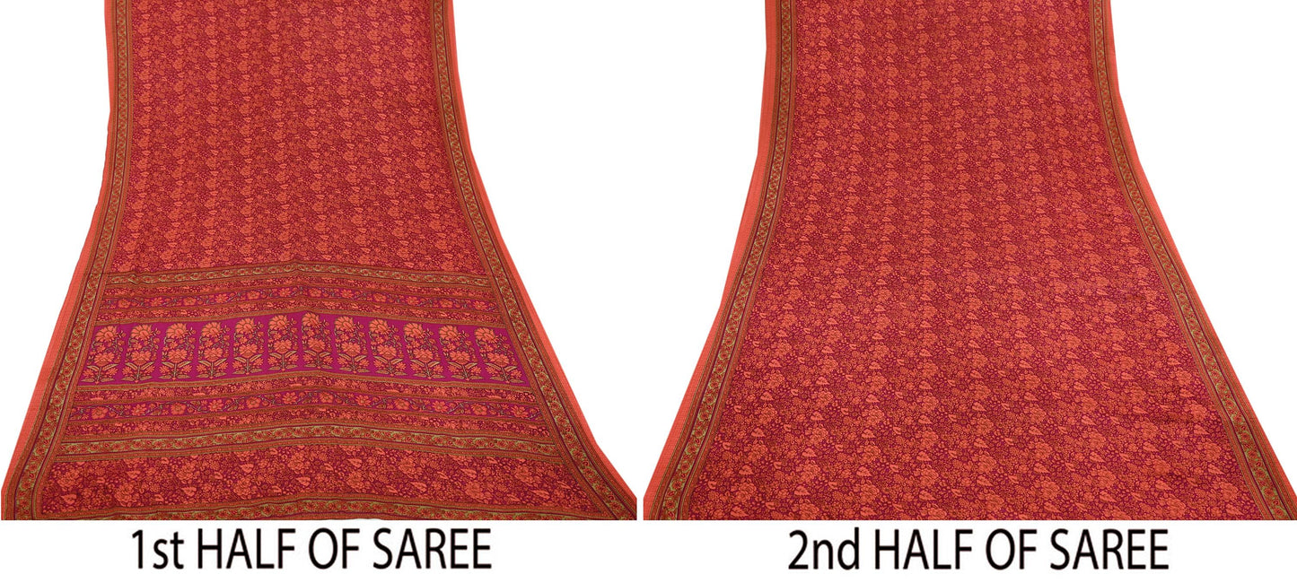 Indian Vintage Saree Peach & Purple Moss Crepe Printed Sari 5 Yards Floral Soft Fabric for Sewing, Dressmaking, Crafting, Quilting