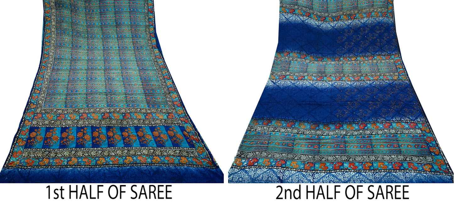 Indian Vintage Sari Blue & Green Pure Crepe Silk Hand Embroidered Saree 5yd Sewing Floral Craft Sequins Dress making Crafting Quilting