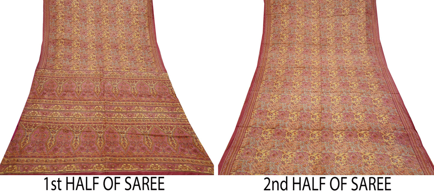 Indian Vintage Sari Pink & Mustard Pure Silk Printed Saree Fabric 5yard Sewing Craft Fabric DressMaking Soft Wrap