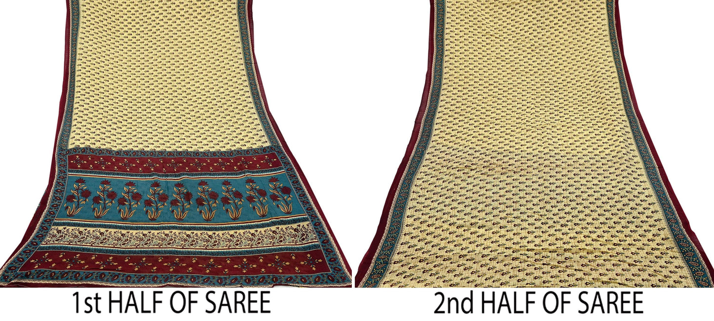 Indian Vintage Sari Yellow & Green Printed 100% Pure Cotton Saree Craft Fabric 5Yd Soft Sewing Sarong Wrap Boho