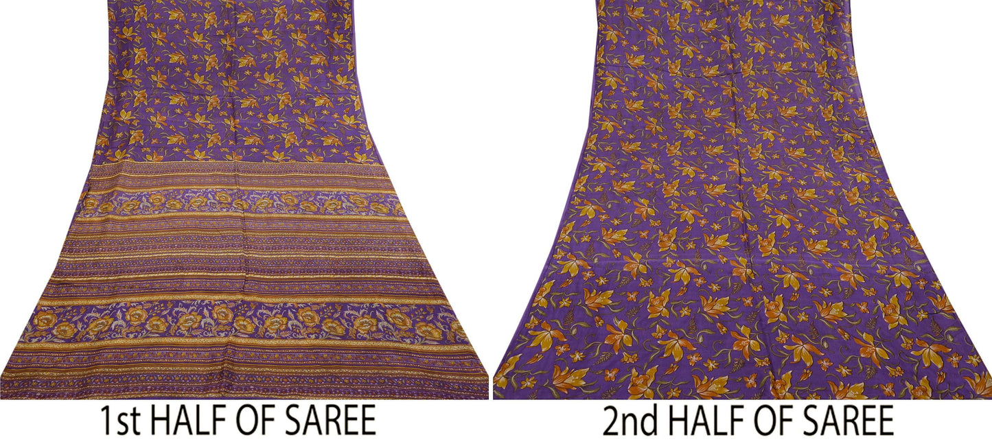 Indian Vintage Purple Pure Silk Printed Saree 5Yards Soft Floral Fabric for Dressmaking, Quilting, Crafting, Sewing & Upcycling