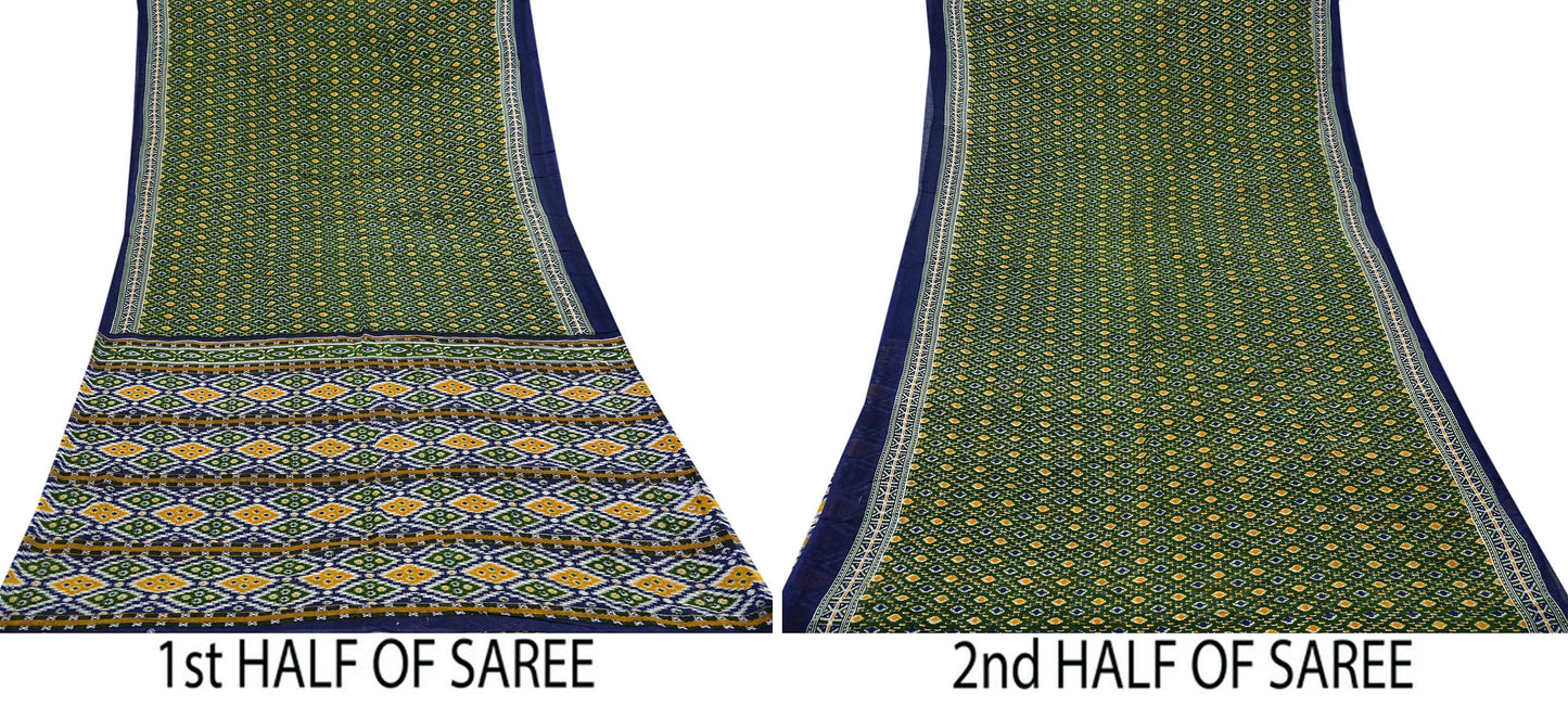 Indian Vintage Sari Blue & Green Pure Cotton Printed Sarees Craft Fabric 5Yd Soft Sewing Sarong Wrap Boho Floral Quilting Upcycle Crafting