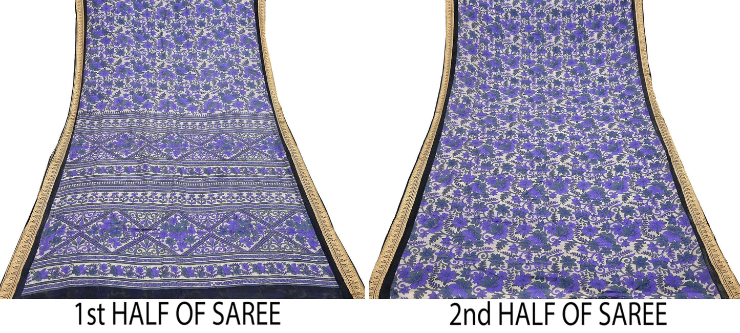 Indian Vintage Sari Purple & Ivory Pure Silk Printed Saree Fabric 5yd Sewing Craft Fabric DressMaking Floral Upcycle Quilting Crafting