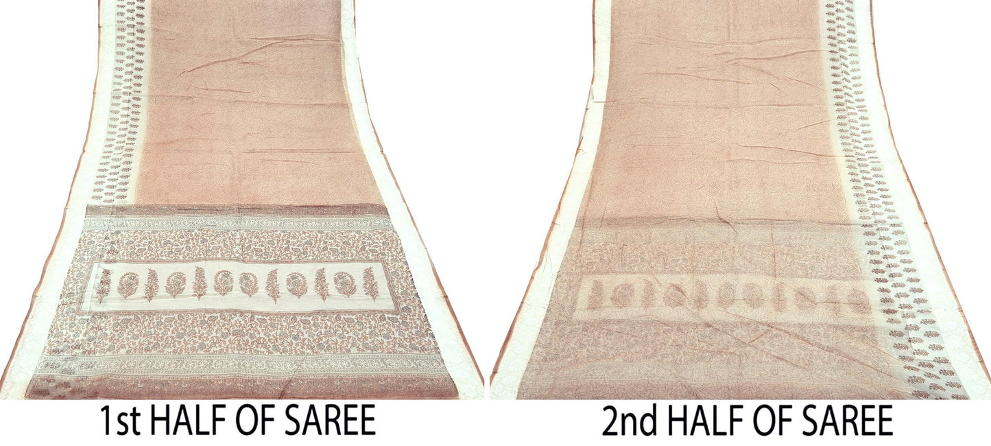 Indian Vintage Ivory & Brown Sarees Pure Cotton Printed Sari 5yd Sewing Craft Fabric DressMaking Soft Crafting Quilting Upcycle Border