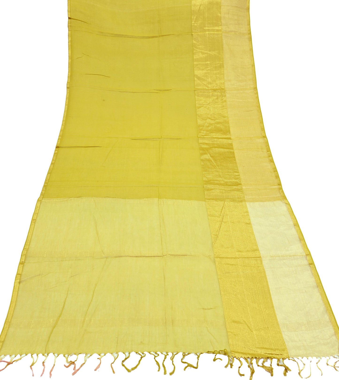 Indian Vintage Dupatta Lemon Green Long Stole Printed Woven Pure Cotton Scarves Veil Golden Zari Soft Stripes Design