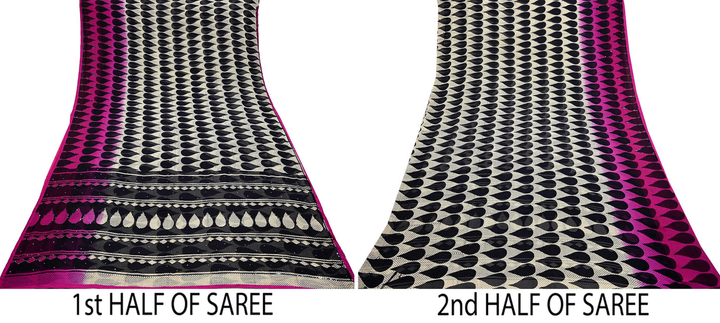 Indian Vintage Sari White & Black Hand Embroidered Printed Pure Georgette Silk Sari Saree Fabric 6Yd Sequins