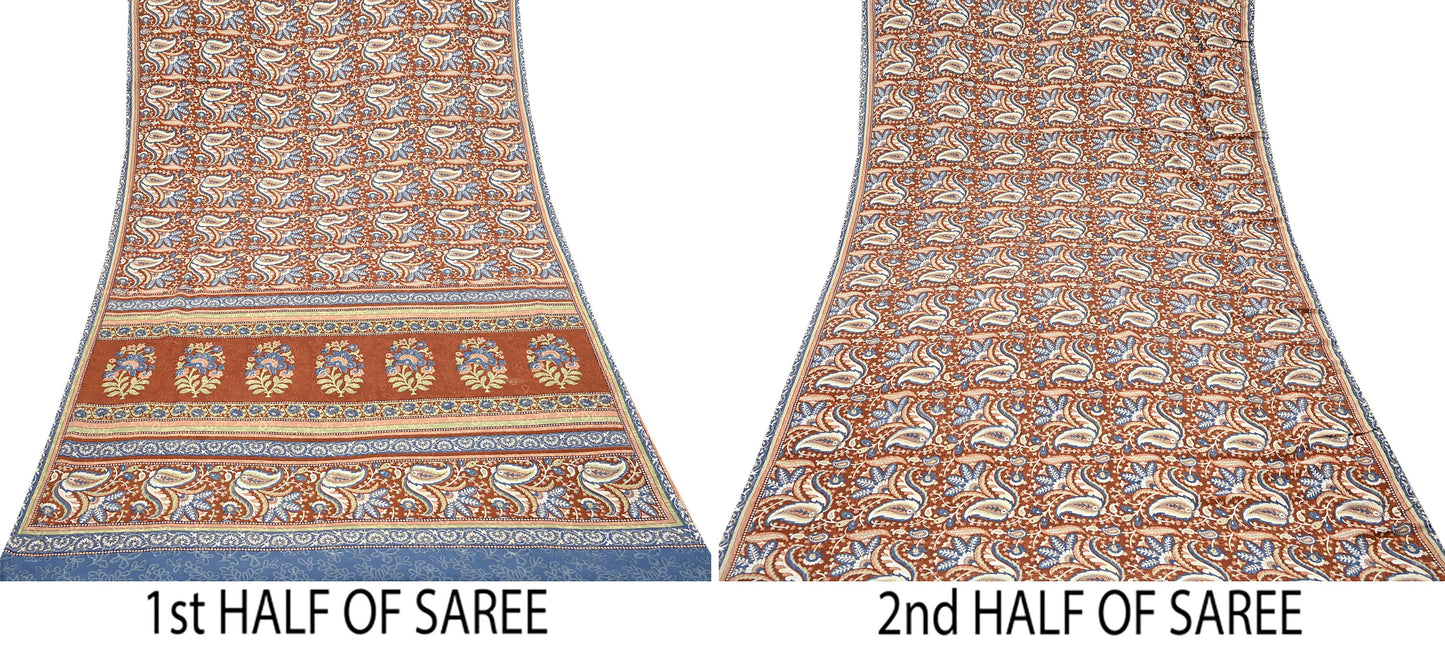 Indian Vintage Saree Brown & Gray Moss Crepe Printed Sari 5 Yards Floral Soft Fabric for Sewing, Dressmaking, Crafting, Quilting