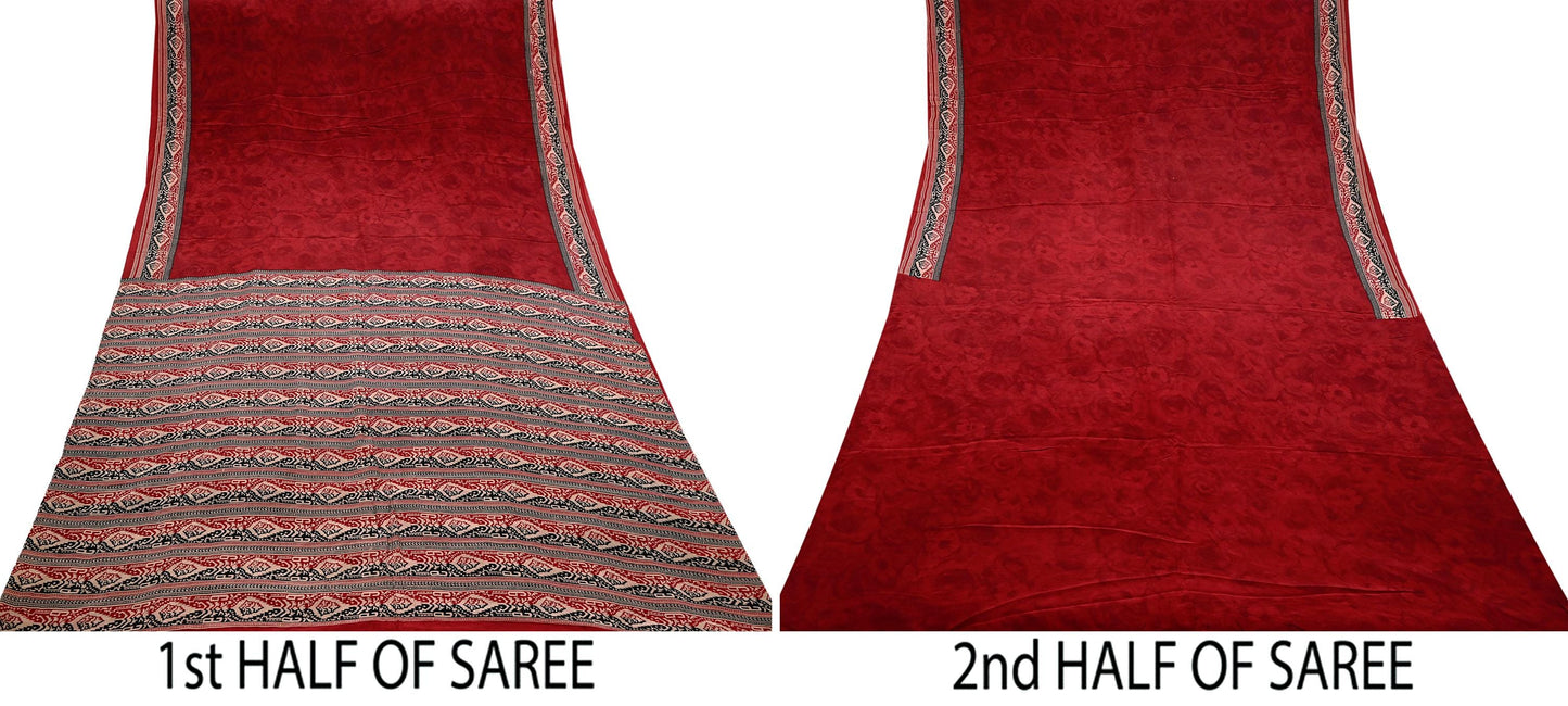 Indian Vintage Sari Maroon Pure Crepe Silk Block Printed Saree 5yard Sewing Quilting Floral Soft Craft Fabric Wrap