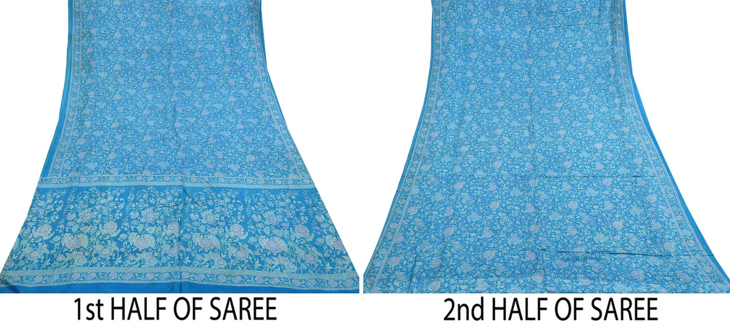 Indian Vintage Sari Blue Pure Silk Printed Saree Fabric 6yard Sewing Craft Fabric DressMaking Wrap Floral