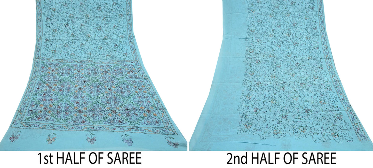 Indian Vintage Blue Saree Cotton Hand Embroidered Kantha Sari Craft Fabric 5yard Sewing Floral Soft Dressmaking Crafting Quilting upcycle
