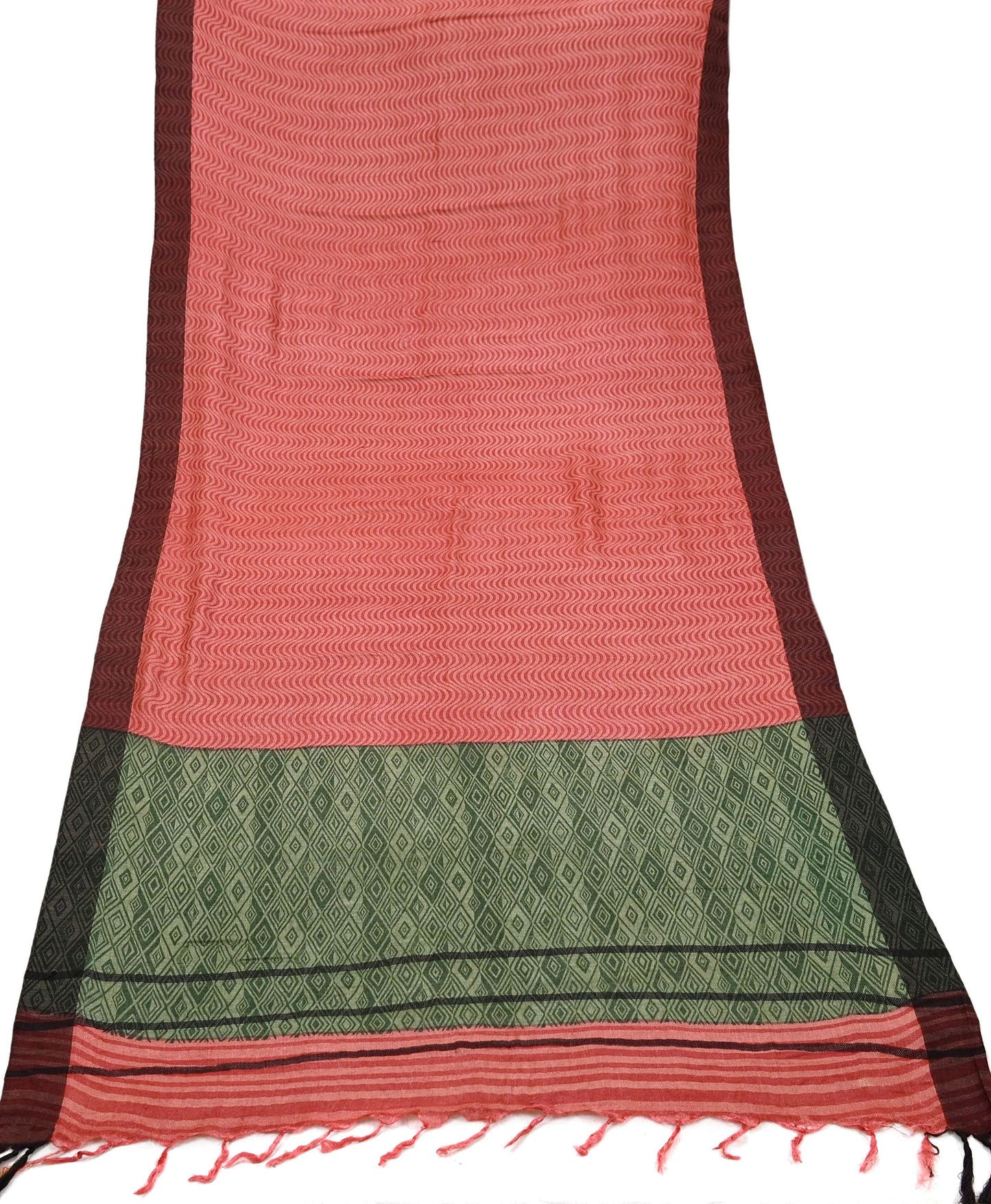 Vintage Green & Peach Long Stole Pure Woolen Scarf Printed Dupatta Infinity Scarves Sarong Wrap Veil Woman Hijab Shawl Craft Fabric Fringes