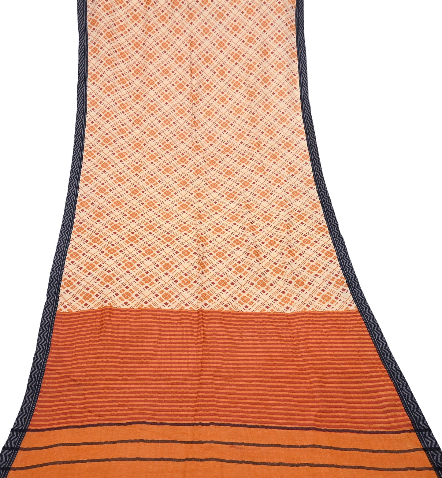 Indian Women Vintage Beige & Saffron Long Stole Pure Woolen Scarf Dupatta Scarves Printed Sarong Wrap Veil Hijab Shawl Soft