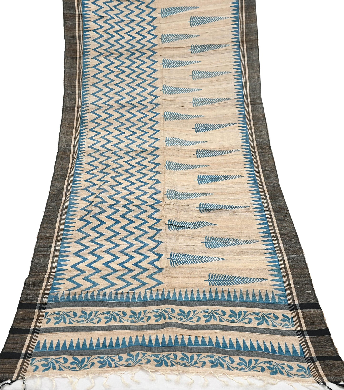 Indian Vintage Beige Dupatta Long Stole 100% Pure Khadi Silk Hand Woven/ Printed Scarves Veil Scarf Wrap Hippie Fringes