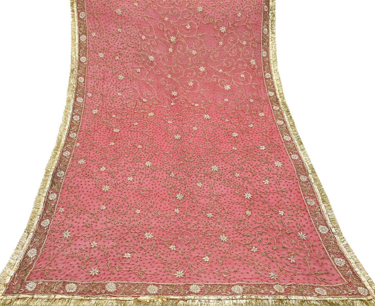 Indian Vintage Heavy Bridal Red Dupatta Pure Chiffon Silk Long Stole Hand Embroidered Scarf Zardozi/Dabka Zari Sequins Wedding Veil Hijab